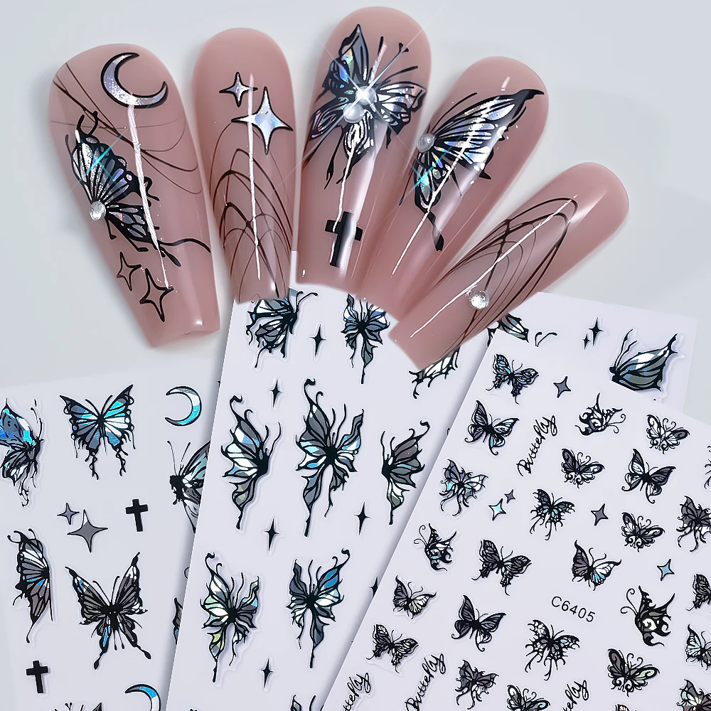 Pegatinas de uñas holográficas de mariposa láser negra 3D, calcomanía de estrella de mariposa de ala blanca Y2K, encantos de uñas, decoración de manicura coreana