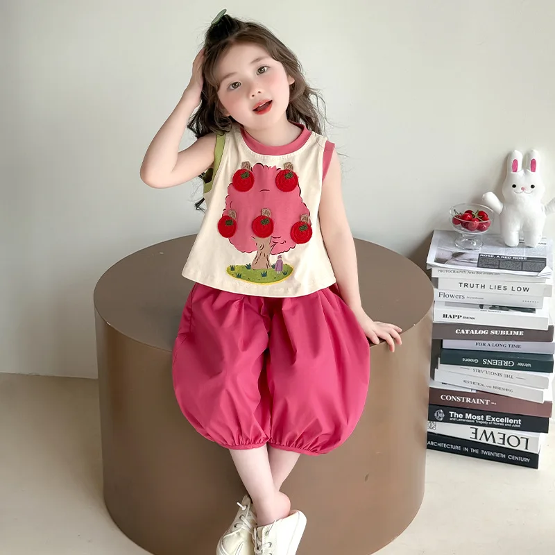 Girls Apple Tree Lantern Pants Set Childrens Korean Style Fashionable Little Girls Stylish Two Piece Childrens Summer Clothes