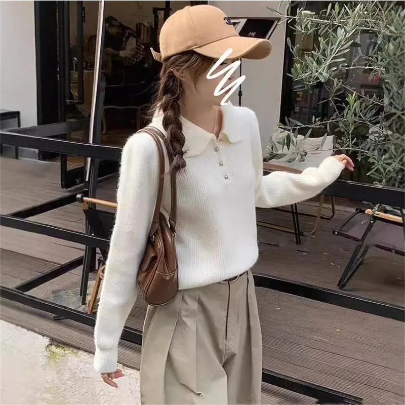 Women's Autumn/Winter Top Pullover Sweater Polo Solid Color Buttons Retro Simple Comfortable Casual Soft Niche Versatile Skinny