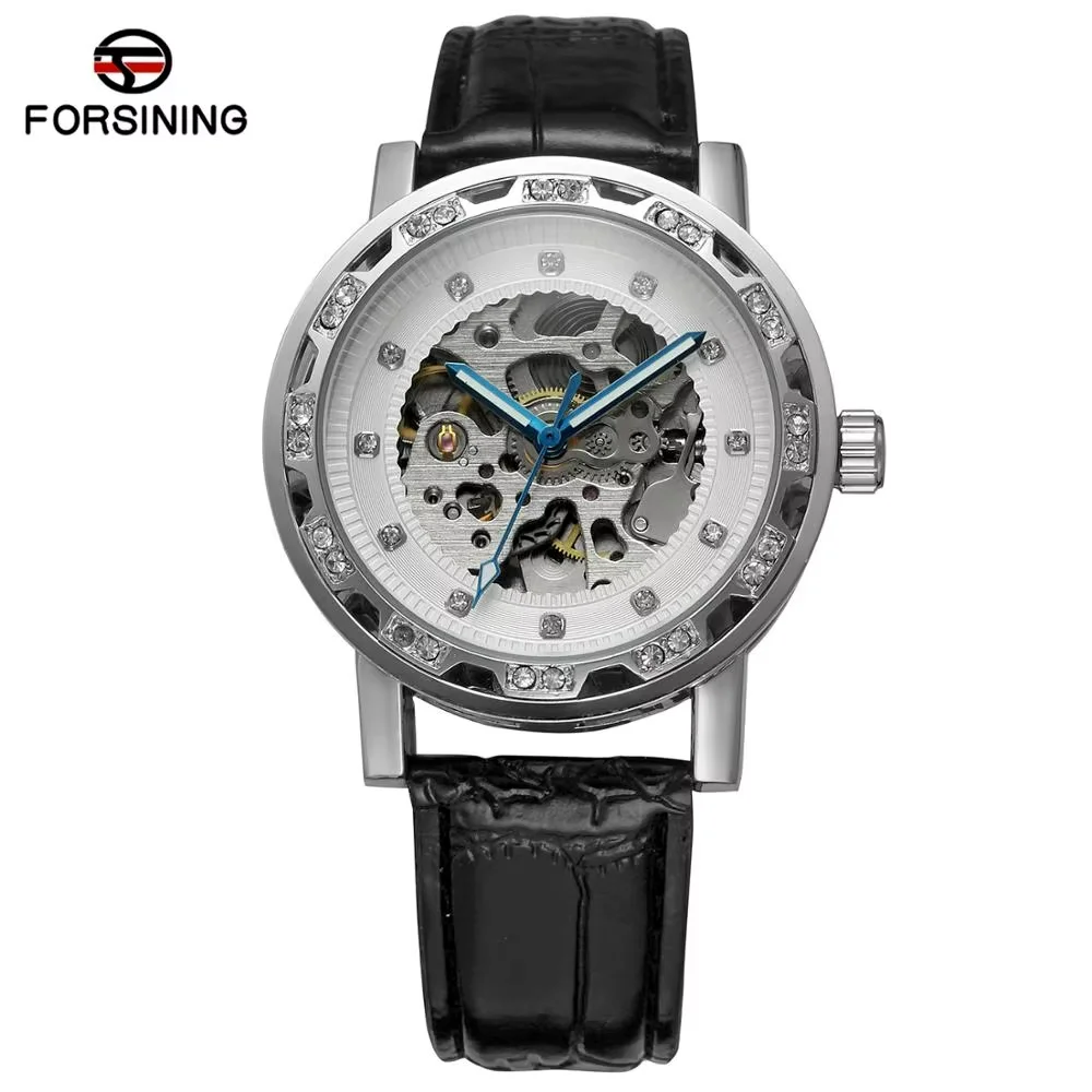 

FORSINING Fashion Women's Watch With Diamonds White Hollow Dial Silver Case Black Leather Strap Automatic Mechanical Watch