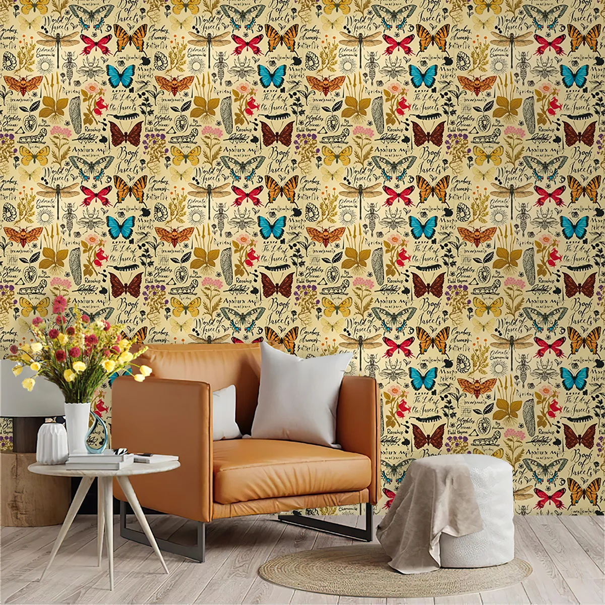 Vintage Yellow Butterfly Peel and Stick Wallpaper for Bathroom Bedroom Removable Home Decoration Plant Animal Wall Paper