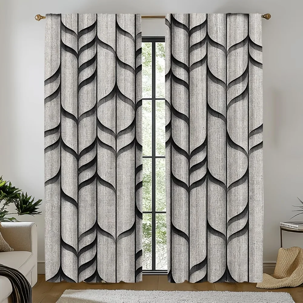 2PCS Digital Printed Curtains, Gray Background Black Stripes Abstract Pattern, Window Drapes for Living Room Bedroom Home Decor