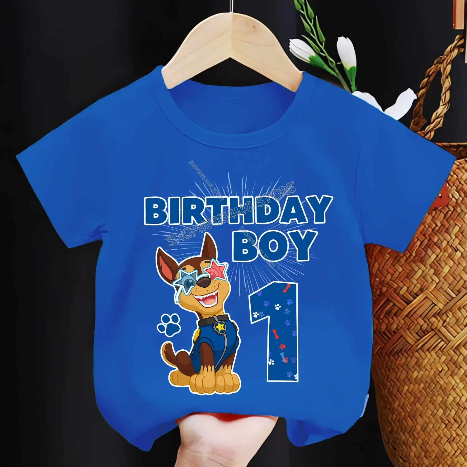 Paw Patrol Chase T-shirt Children Cartoon Birthday Figure T Shirt Blue Cotton Tee Fashion Short Sleeve Loose Clothing Kids Gift