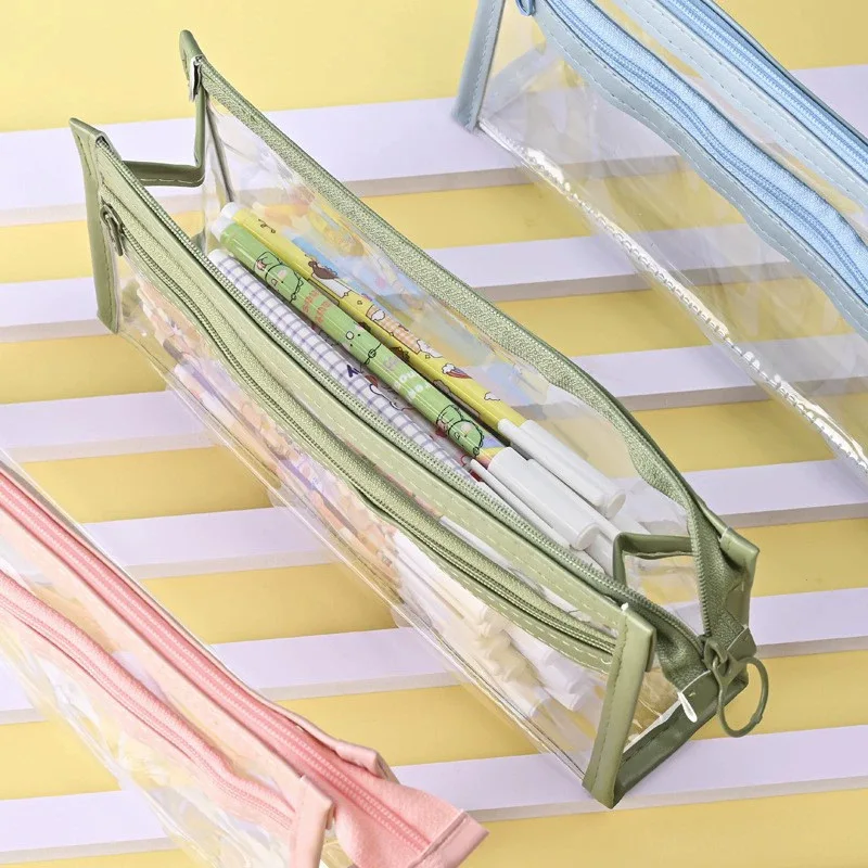Double-layer transparent waterproof triangular pencil bag, simple stationery storage box, student exam school supplies storage