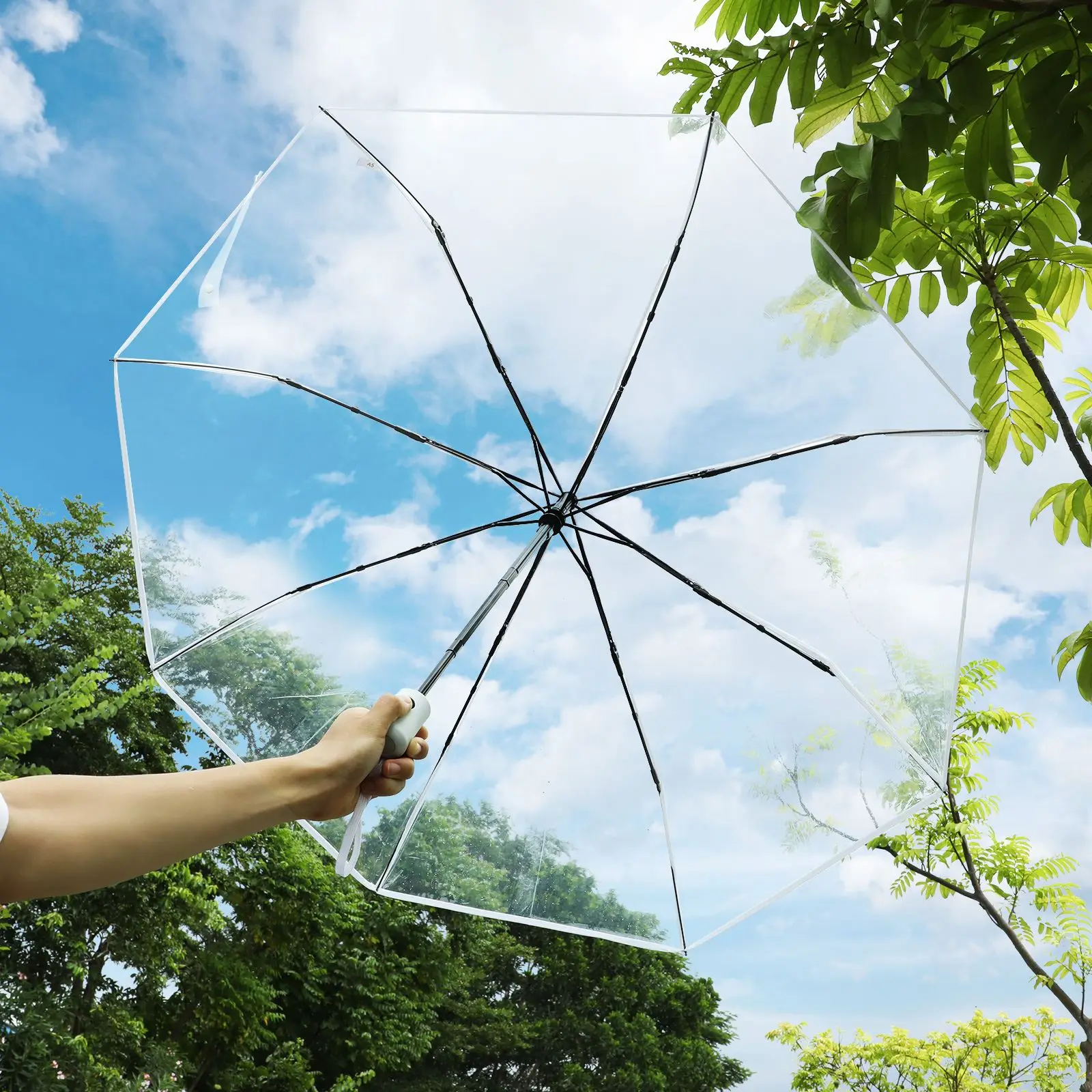 Fully Automatic Three-fold Transparent Umbrella Clear Folding Umbrella portable Reinforced Automatic Open Close Travel Umbrella