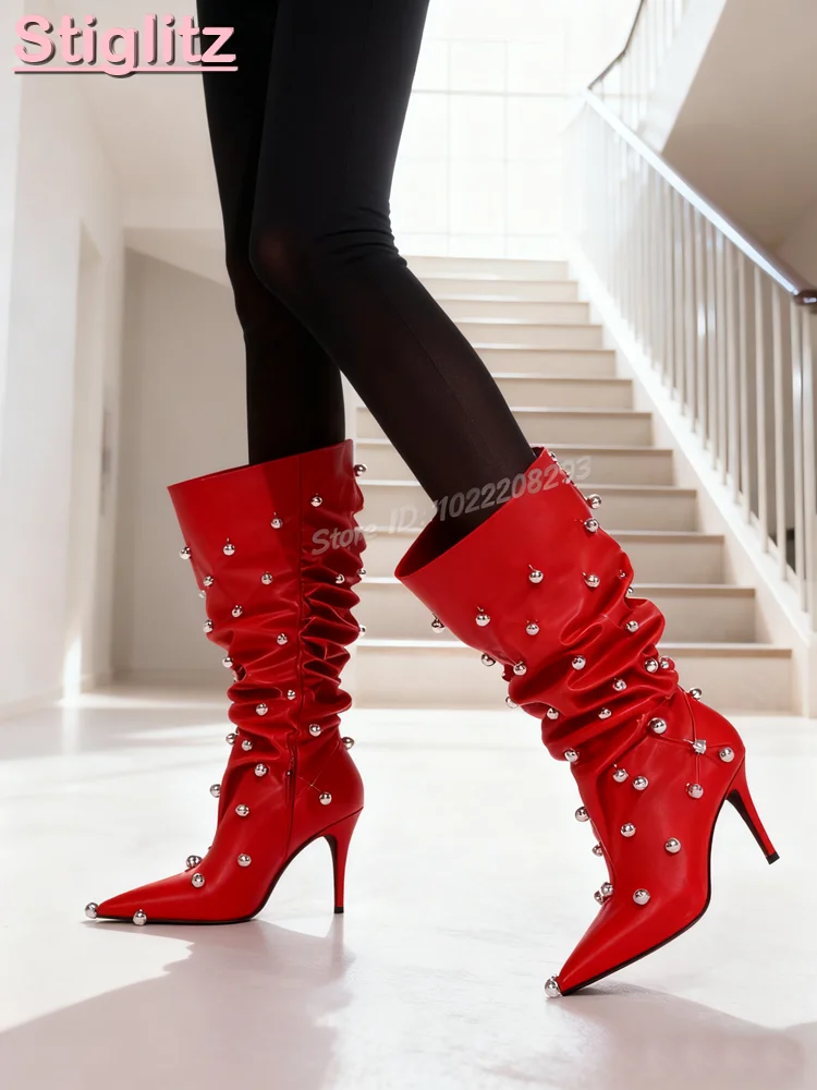 مثير برشام فضفاض حذاء برقبة للركبة وأشار مطوي الانزلاق على الكعب العالي الأحذية الحديثة كبيرة الحجم المرأة موضة خنجر الأحذية 2025 #1