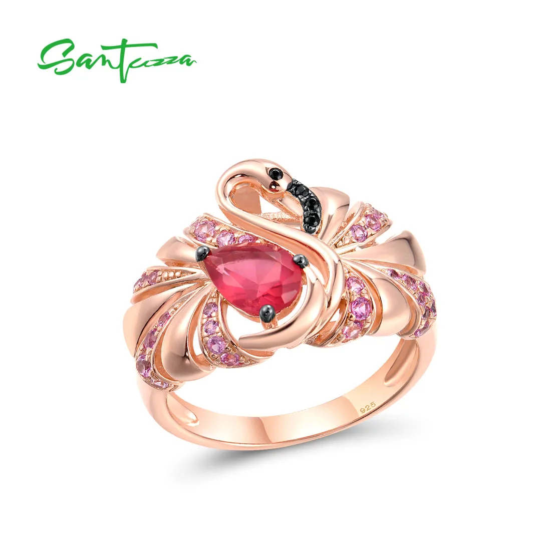 SANTUZZA 925 Sterling Silver Rings For Women Red Stones Black Spinel Flamingo Ring Rose Gold Plated Gorgeous Fashion Jewelry