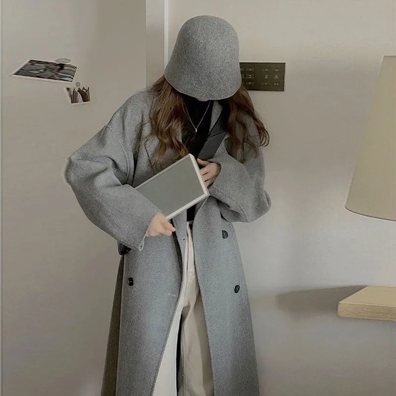 Grey coat 2023 autumn medium and long over-the-knee woolen coat women's high-grade texture small woolen coat trendy