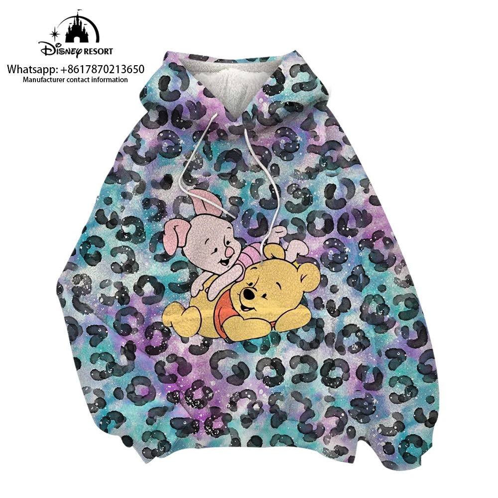 Kids Hooded Plush Sweatshirt Winnie the Pooh Cartoon Disney Winter 2022 New Round Neck Ladies Leopard Print Hoodie