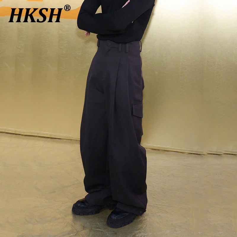 

HKSH Spring Autumn New Suit Pants Men's Tide Niche Design Feeling Draping Loose Wide Leg Casual Straight Punk Trousers HK1076