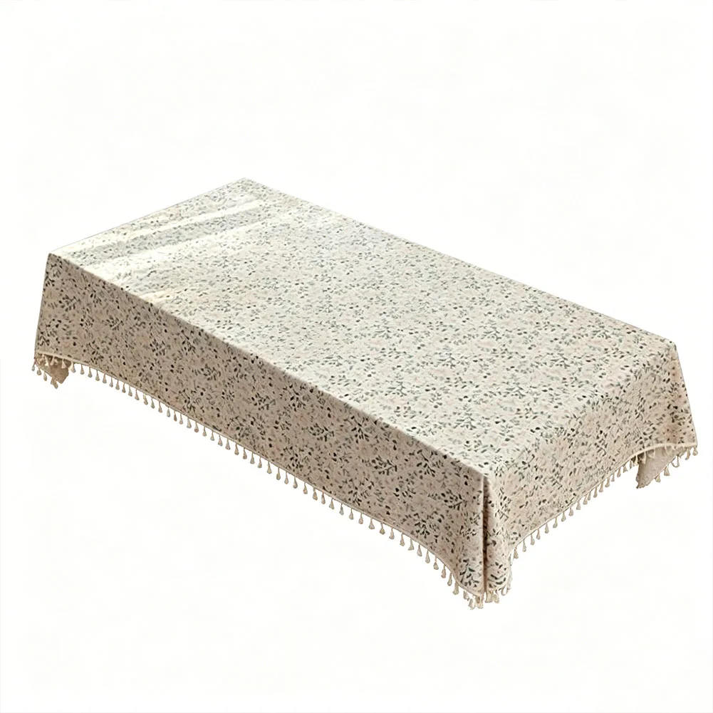 Tassel-Trimmed Tablecloth in Polyester with Imitation Cotton Linen Finish Designed for Dining and Coffee Tables