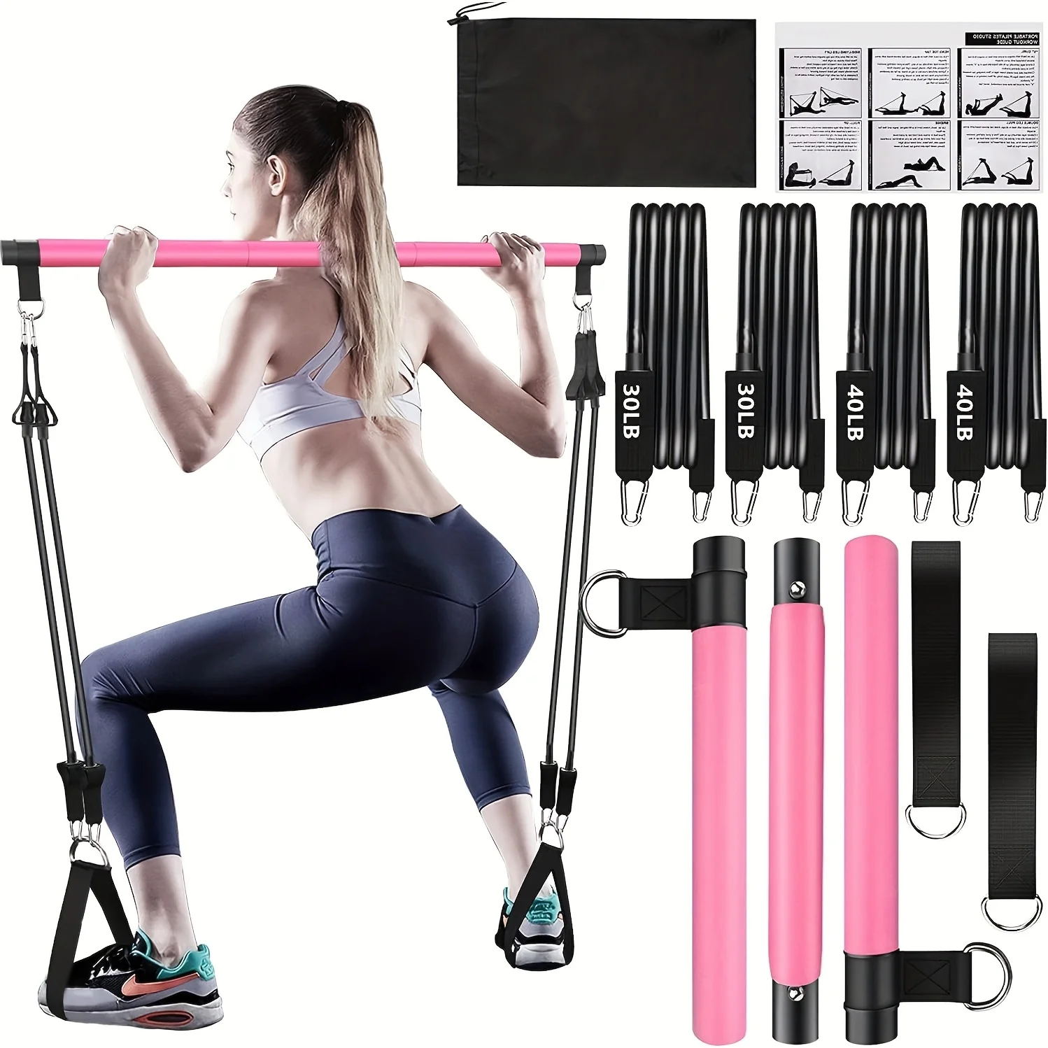 8-Piece Pilates Bar Kit with 4 Resistance Bands (140 LBS), Portable Home Gym Workout Set with Ankle Straps & Drawstring Carry Bag, Fitness Equipment for Men & Women