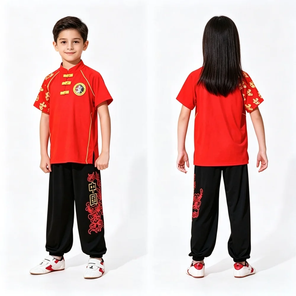 Children Kung Fu Outfit Milk Silk Fabric Short Sleeve Wushu Uniform Kids Martial Arts Training & Competition Performance Costume