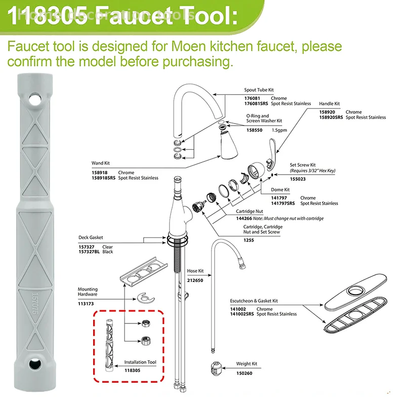 118305 Kitchen Faucet Installation Tool For Moen Kitchen Sink Faucet, Faucet Wrench Tool Help Removal And Install Faucet