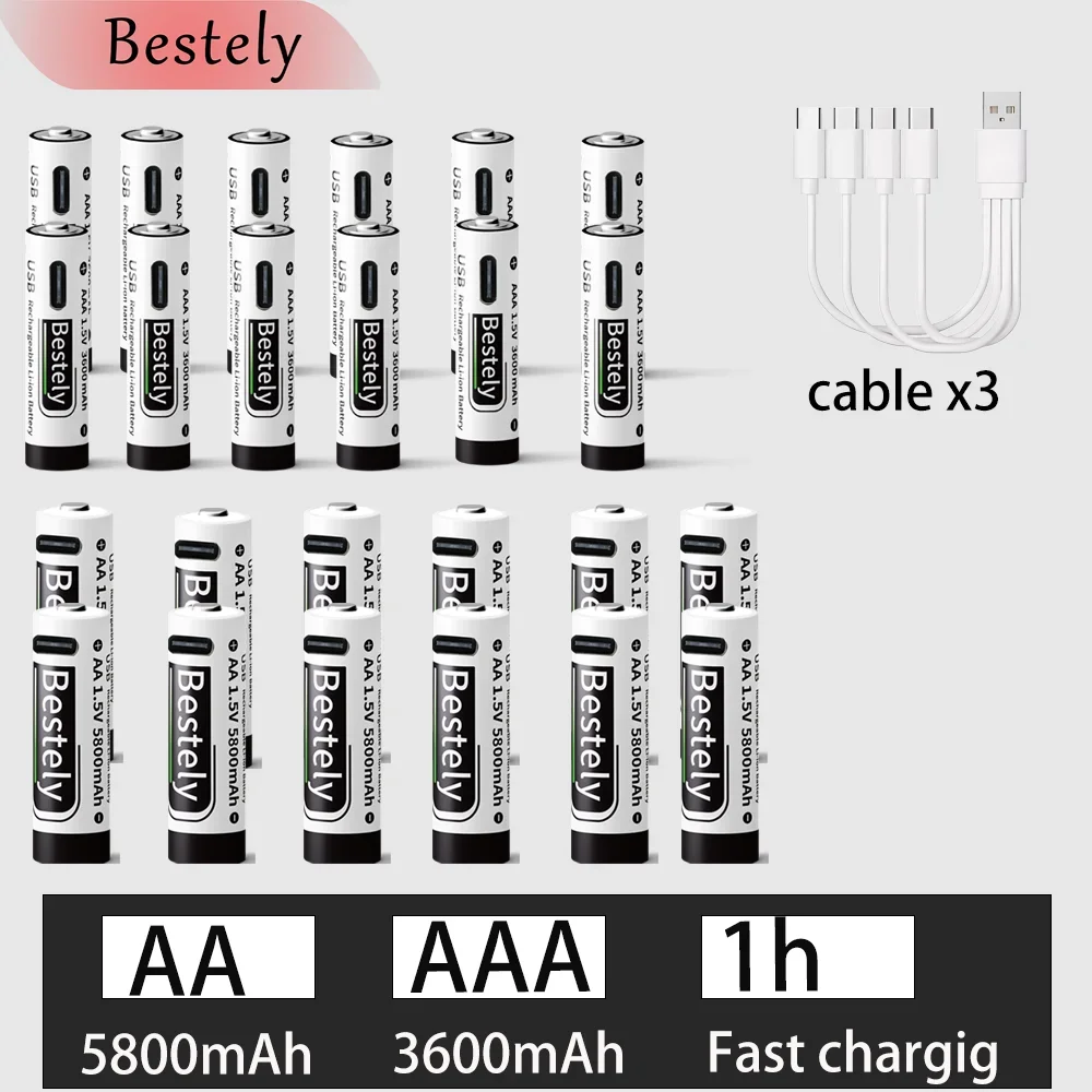 جديد 1.5 فولت AA 5800 مللي أمبير + AAA 3600 مللي أمبير بطاريّة ليثيوم قابلة لإعادة الشحن ، USB شحن سريع بطارية ليثيوم أيون ، 2000 دورة مع كابل USB- C