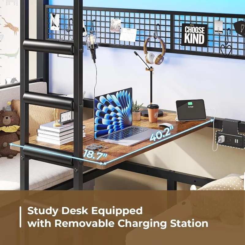 سرير مزدوج بطابقين مع أضواء LED ومحطة شحن سرير علوي مزدوج معدني قابل للتحويل مع مكتب وسرير بطابقين للمقعد