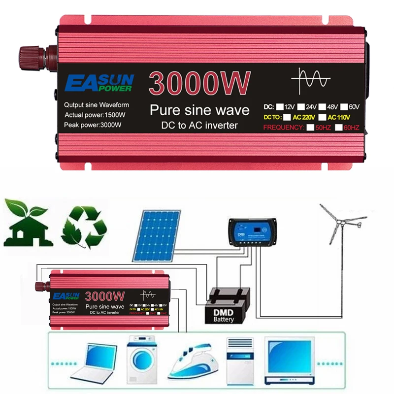 EASUN 1000W 1600W 3000W Pure Sine Wave Power Inverter 12V 24V 220V Micro Inverter DC 50/60HZ Voltage Converter Home Appliance