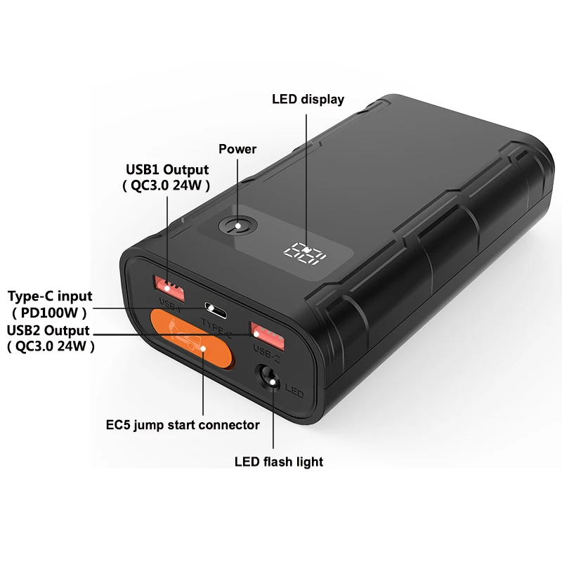 

Hot Sale Portable 12V PD100W Power Bank 1800A Multifunction Car Jump Starter with LED Light Emergency Tools for Motorcycles