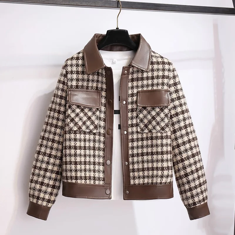 

Thousand Birds Plaid Woolen Coat Women's 2025Spring Autumn New Short Jacket Female Small Fragrant Outwear Western Style Overcoat