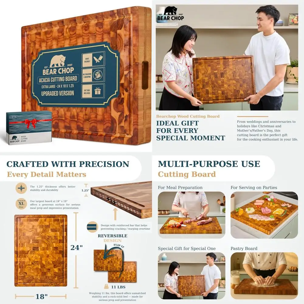 

Acacia Wood Kitchen Cutting Board with Reinforced Edges for Durability, 24x18x1.25 Inch Butcher Block Countertop Protector