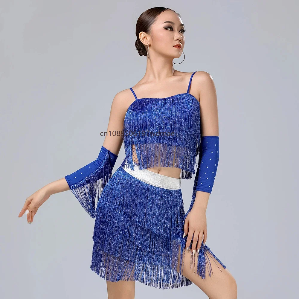 

Женский костюм для латиноамериканских танцев: платье, юбка с бахромой, комплект из 4 предметов для тренировок, выступлений на сцене, фестивалей и соревнований