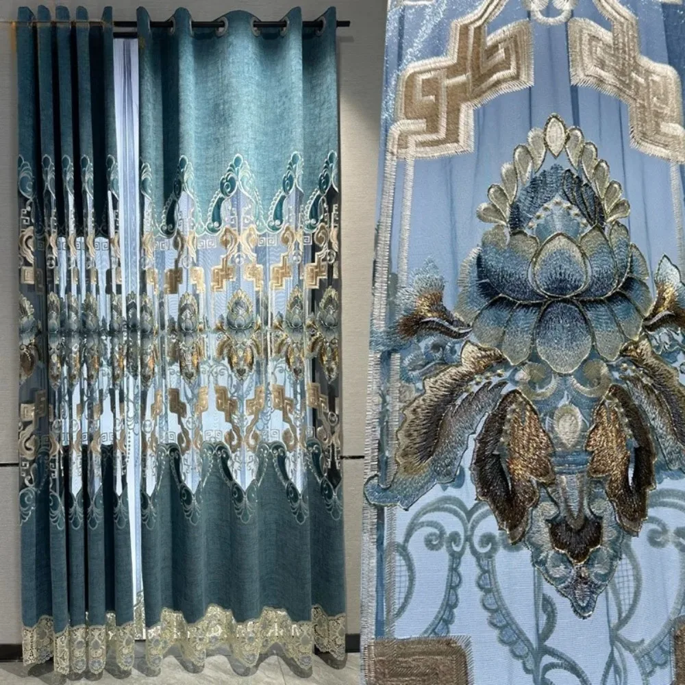 

Blue Embroidered Window Screen Thickened Chenille Curtains for Living Room Bedroom Balcony French Window Finished Products