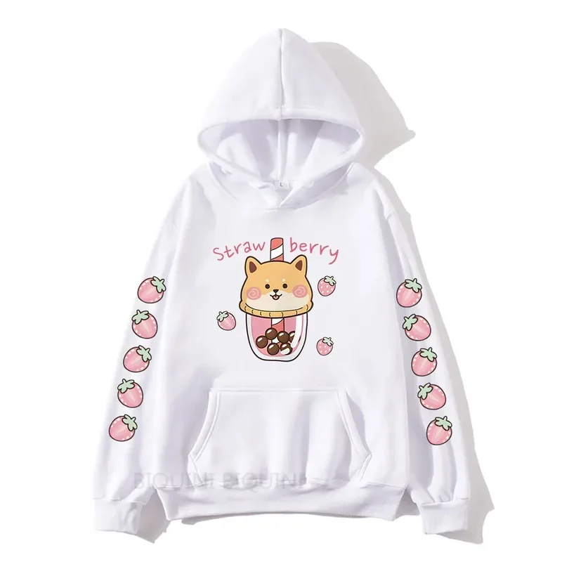 Funny Strawberry Milk Cartoon Graphic Printed Hooded Women Aesthetic Trendy Hoodies Plus Size Sweatshirt Unisex Warm Streetwear