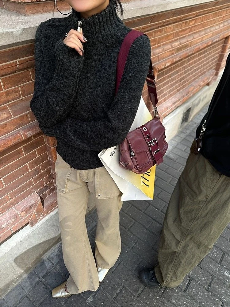 Koreanischen Stil Zipper Strickjacke Frauen Vintage Casual Langarm Pullover Harajuku Herbst Winter Schwarz Strickjacke