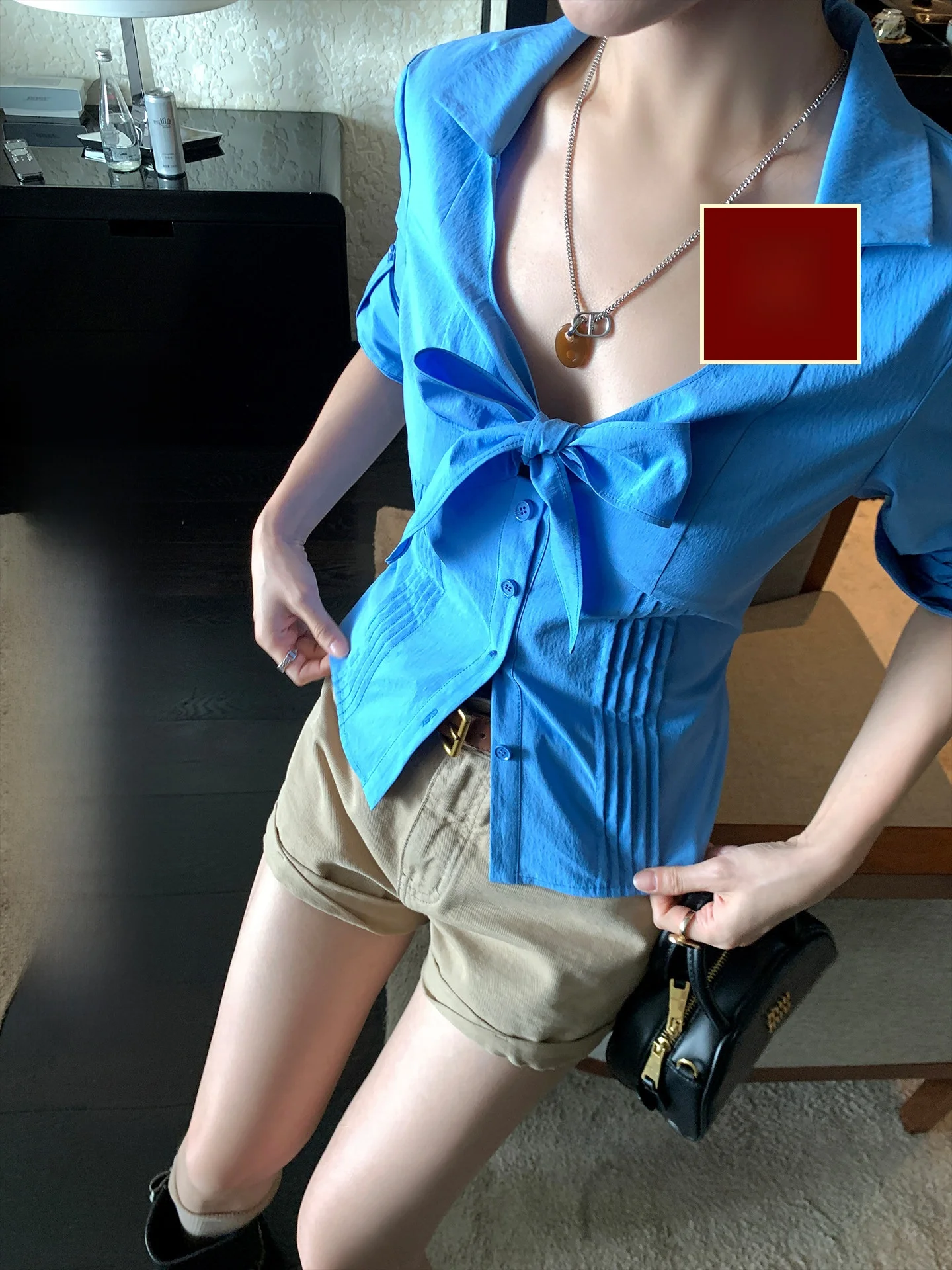 

LIONE nt Blue Long Sve irt Женская облегающая дышащая офисная одежда из смеси хлопка и полиэстера с v-образным вырезом и узлом