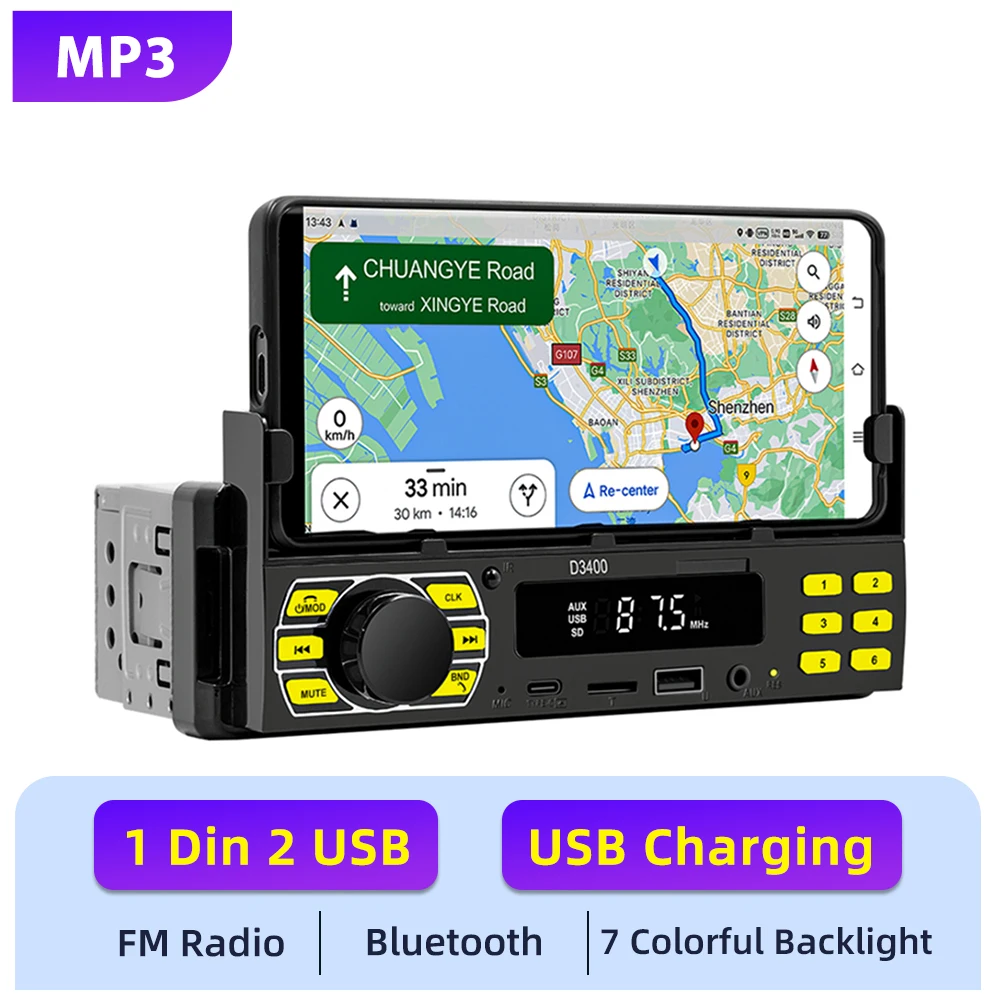 Podofo 1DIN autoradio FM audio stereo 12V Bluetooth Type-C poort USB/SD/AUX-IN met mobiele telefoonhouder