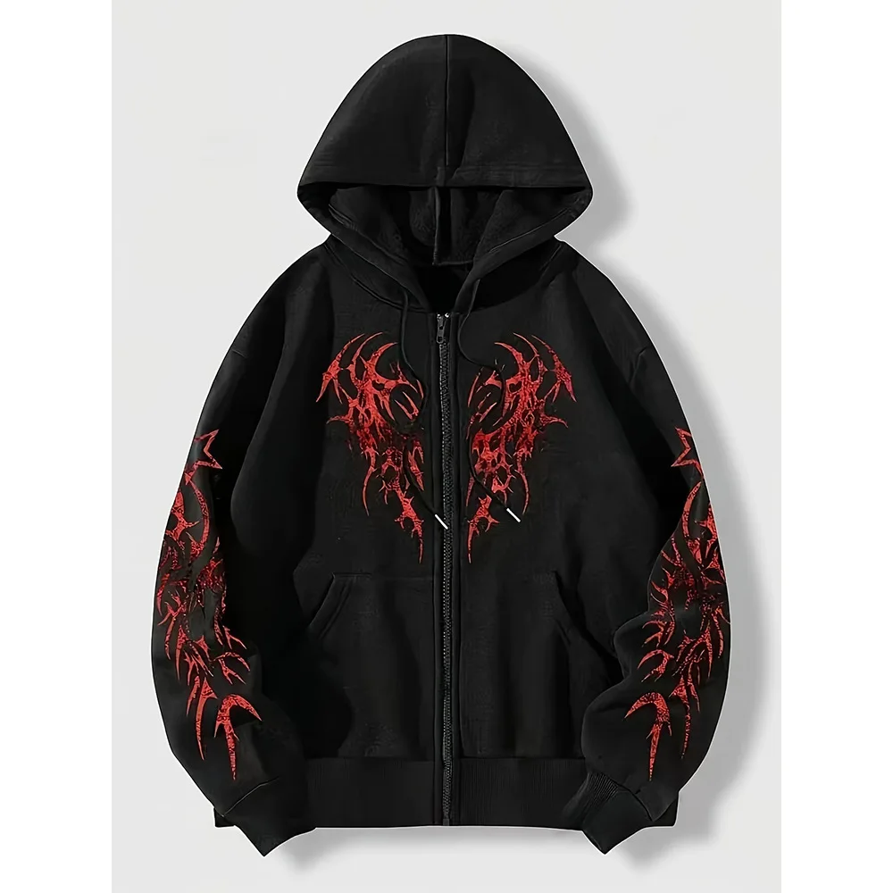 Herren Damen Gothic Dornen-Print Zip-Up Hoodie Y2K Streetwear Oversized Kapuzenjacke Harajuku Punk Langarm-Sweatshirt Mantel – Detail 5