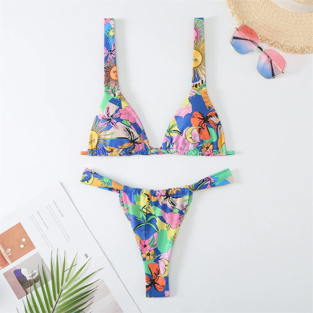 Cute Print Bikini Kawaii Swimsuit String Lace Up Vacation Swimwears Women Bikinis Sets Triangle Thongs Micro Beach Bathing Suits