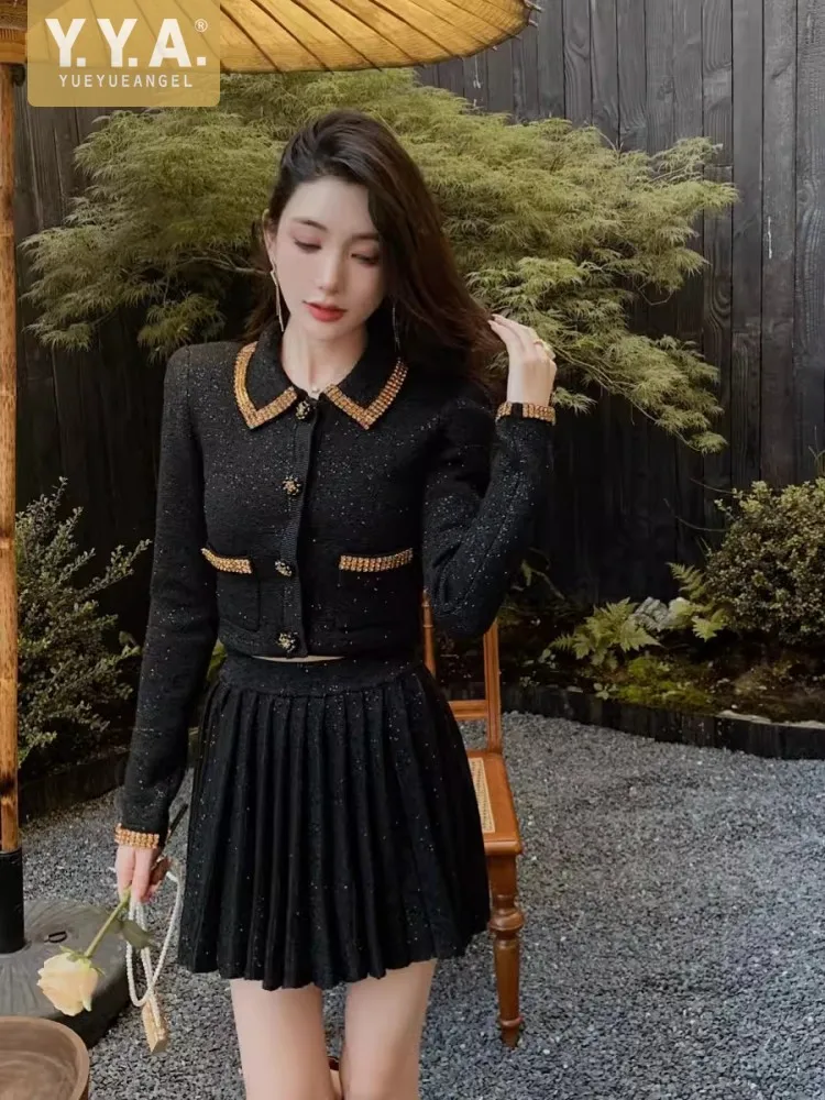 

Elegant Women Slim Fit Diamonds Lapel Collar Sequined Short Jacket Mini Pleated Skirt Two Piece Set Office Ladies Work Outfits