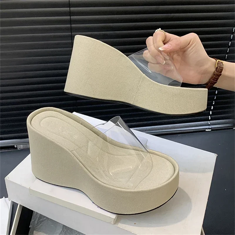 PVC Transparent Open Toe Women Slippers Fashion Solid Platform Wedges Shoes High Heels Casual Party Summer Sandals