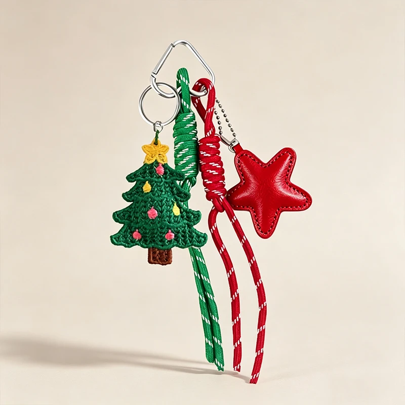 Handmade Plush Wool Knitted Christmas Keychain - Funny Crochet Santa Tree Deer Pentagonal Star Ornament Cute Holiday Gift