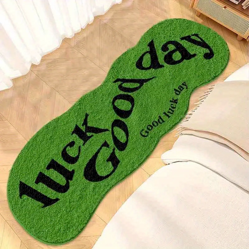 VIKAMA Good Luck Day Green Soft Fluffy Non Slip Washable Cozy Bedroom Bedside Runner Rug Aesthetic Bedroom Rug