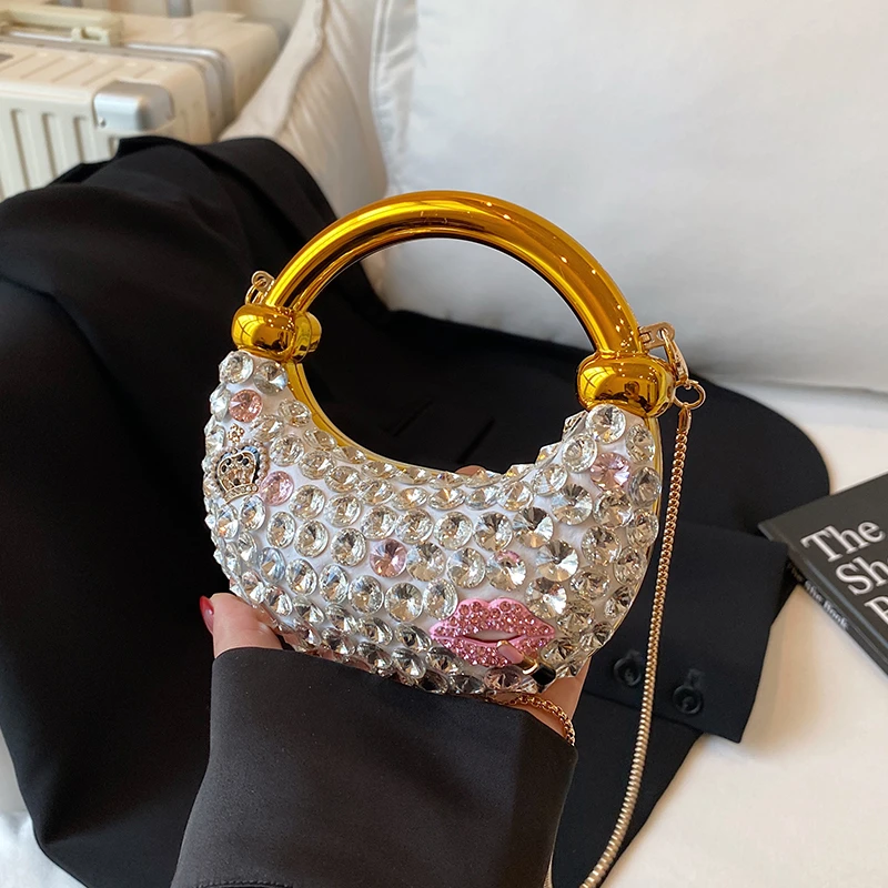 

Luxury Diamond Inlay Round Crystal Clutch Purse Stones Evening Wedding Party Shoulder Bag Handle Rhinestone Mini Handbags