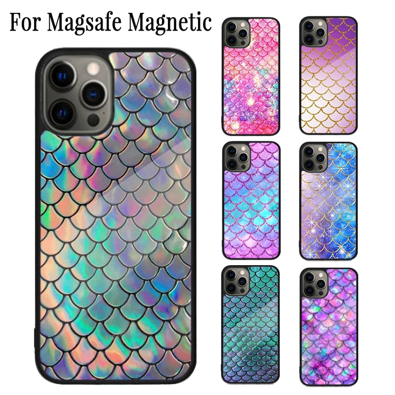 Mermaid Fish Scale Magnetic Phone Case Coque For iPhone 16 15 14 Plus 13 12 Mini 11 Pro Max Magsafe Wireless Charging Cover