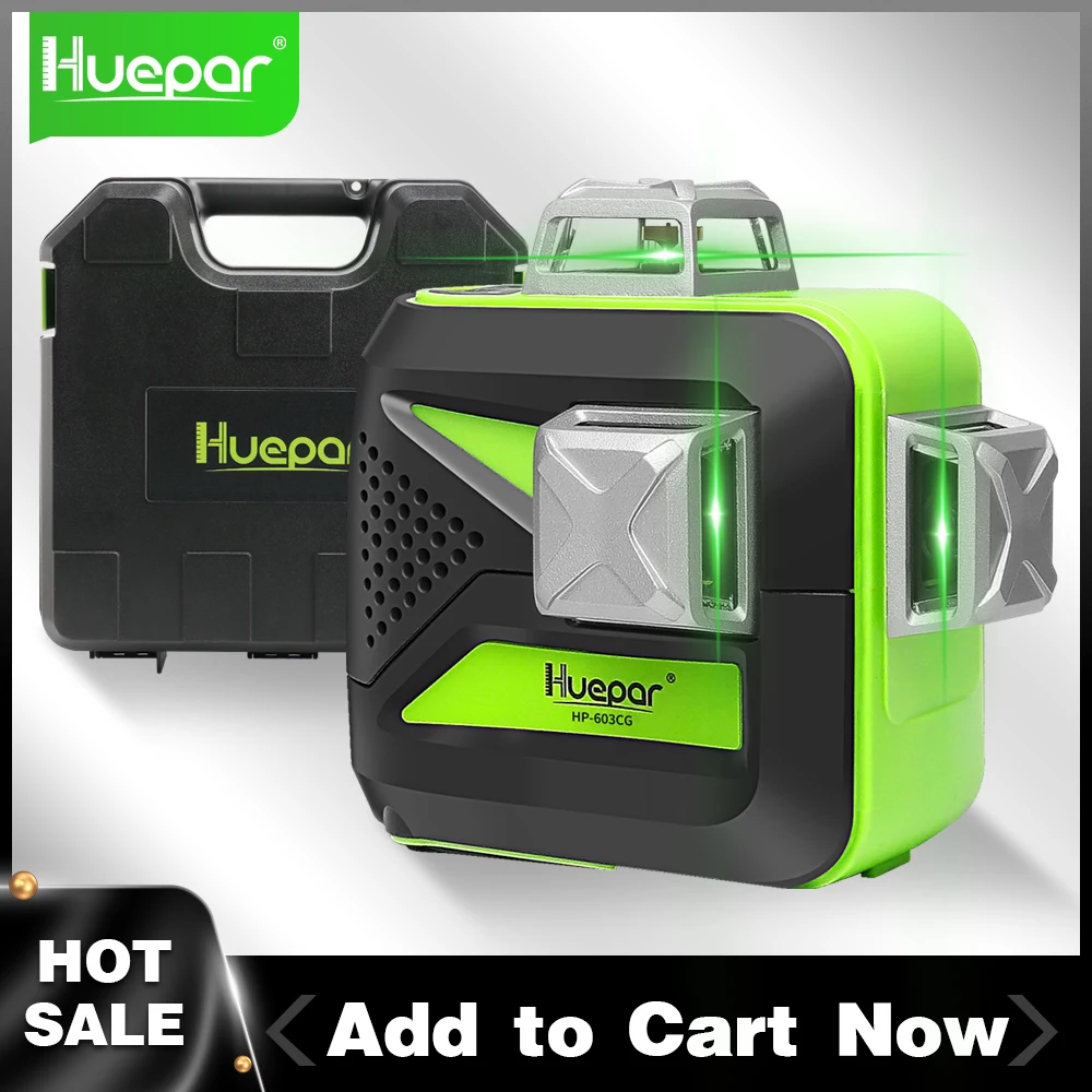 Huepar 12 Lines Cross Line 3D Green Beam Laser Level 360° Self-leveling Horizontal Vertical with Li-on Battery & Hard Carry Case