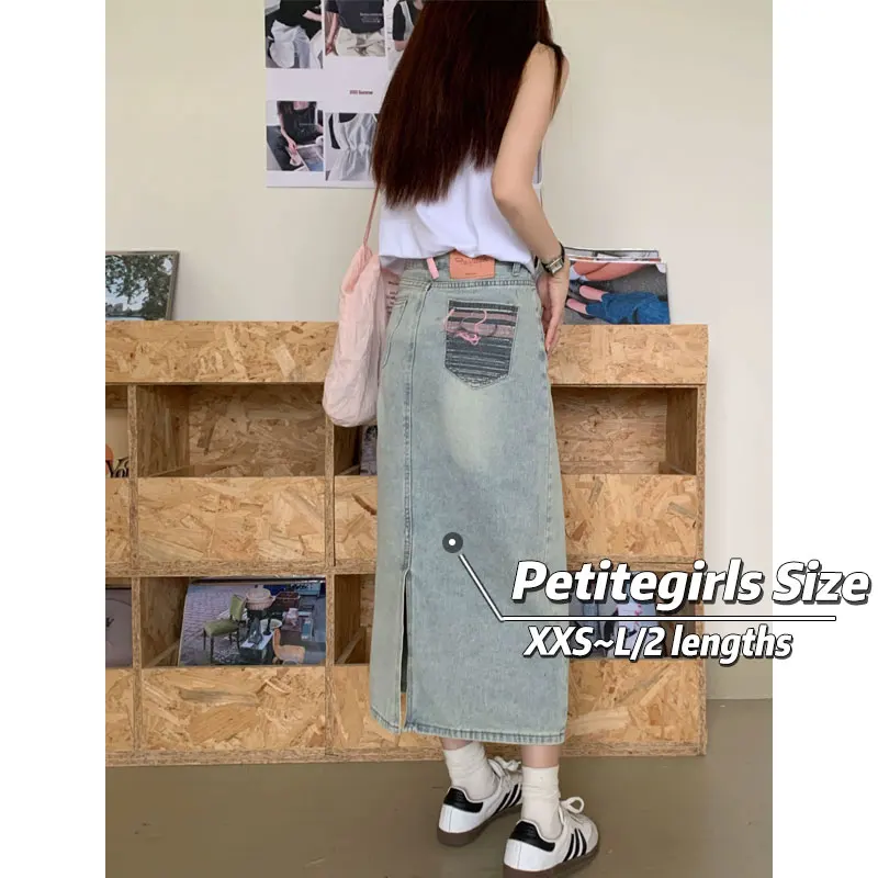 

150cm Petite girls Design Sense Retro Denim Skirt Women High Waist A Word Package Hip Split Mid Length Version XS Appear High