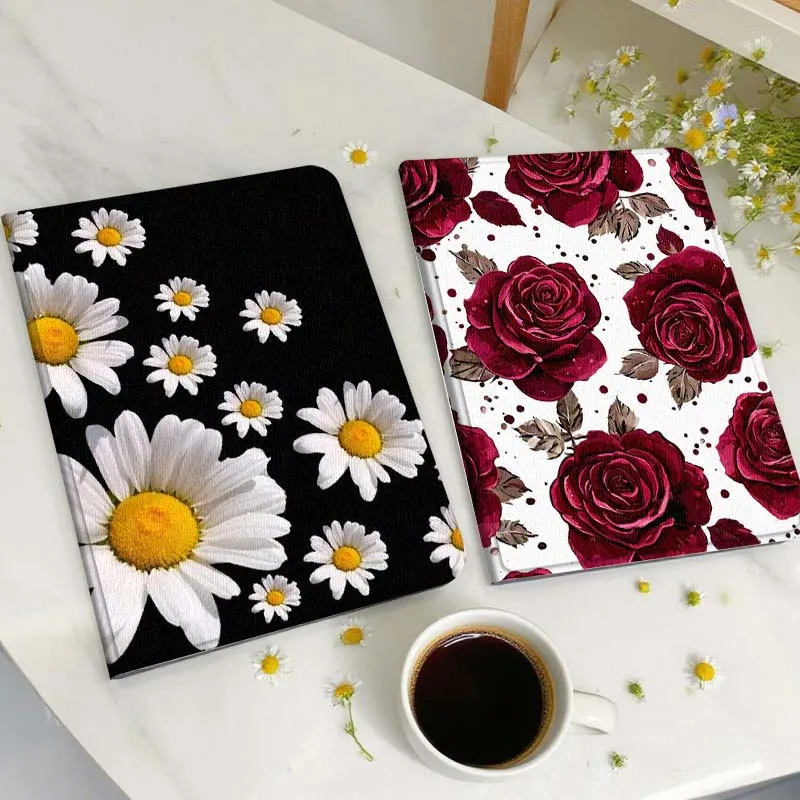 

White Daisy Black Background Gift Tablet Case For Huawei Honor MatePad MediaPad Air 5 6 7 11 V6 V7 V8 V9 X9 X8 T10 T10s C5e T5