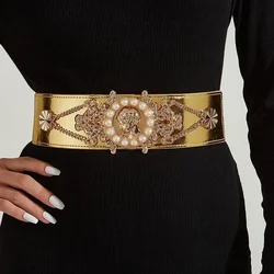 2024 New Ladies Pearl Fashionable Golden Wide Waist Seal Dress Decoration Waist Elastic Belts for Women Luxury Designer Brand