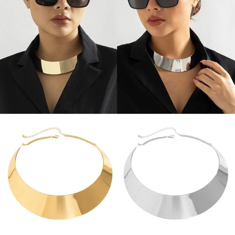 Women Punk Hiphop Necklace Exaggerated Metal Wire Torques Choker Gold/Silver Wide Smooth Chain Neck Jewelry