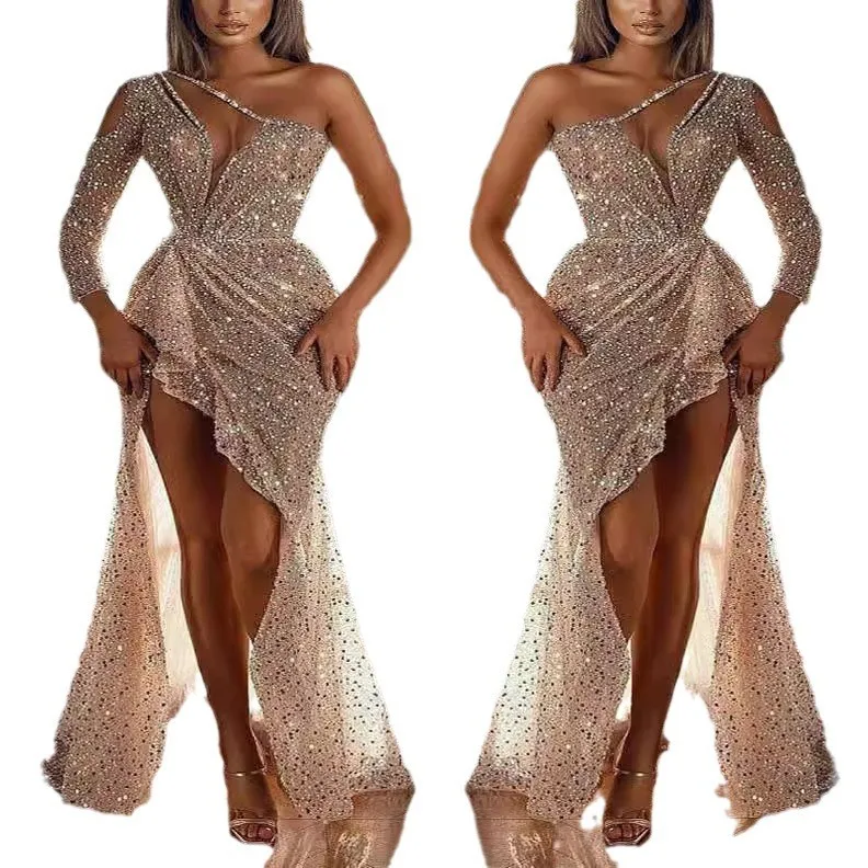 Printed Long Sleeve Gown Maxi Length with Single Shoulder Fitted Waist Floor Length Party Dress for Women Summer Party Dress