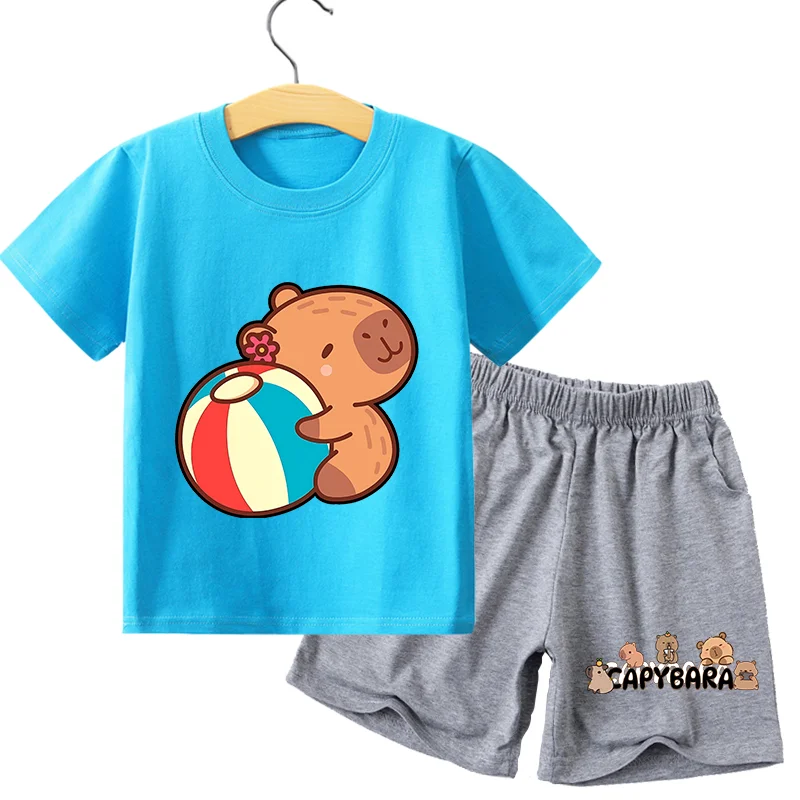 Capybara 2 pièces coton à manches courtes T-shirt pantalon dessin animé enfant chemise athlétique costumes garçon Figure animale pantalon ensemble fille vêtements