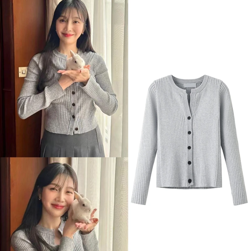 Kpop Korean Singer Women Spring New Slim Round Neck Tops Lady Streetwear Buttons Sexy Sweaters Long Sleeve Knit Cardigan Jumpers