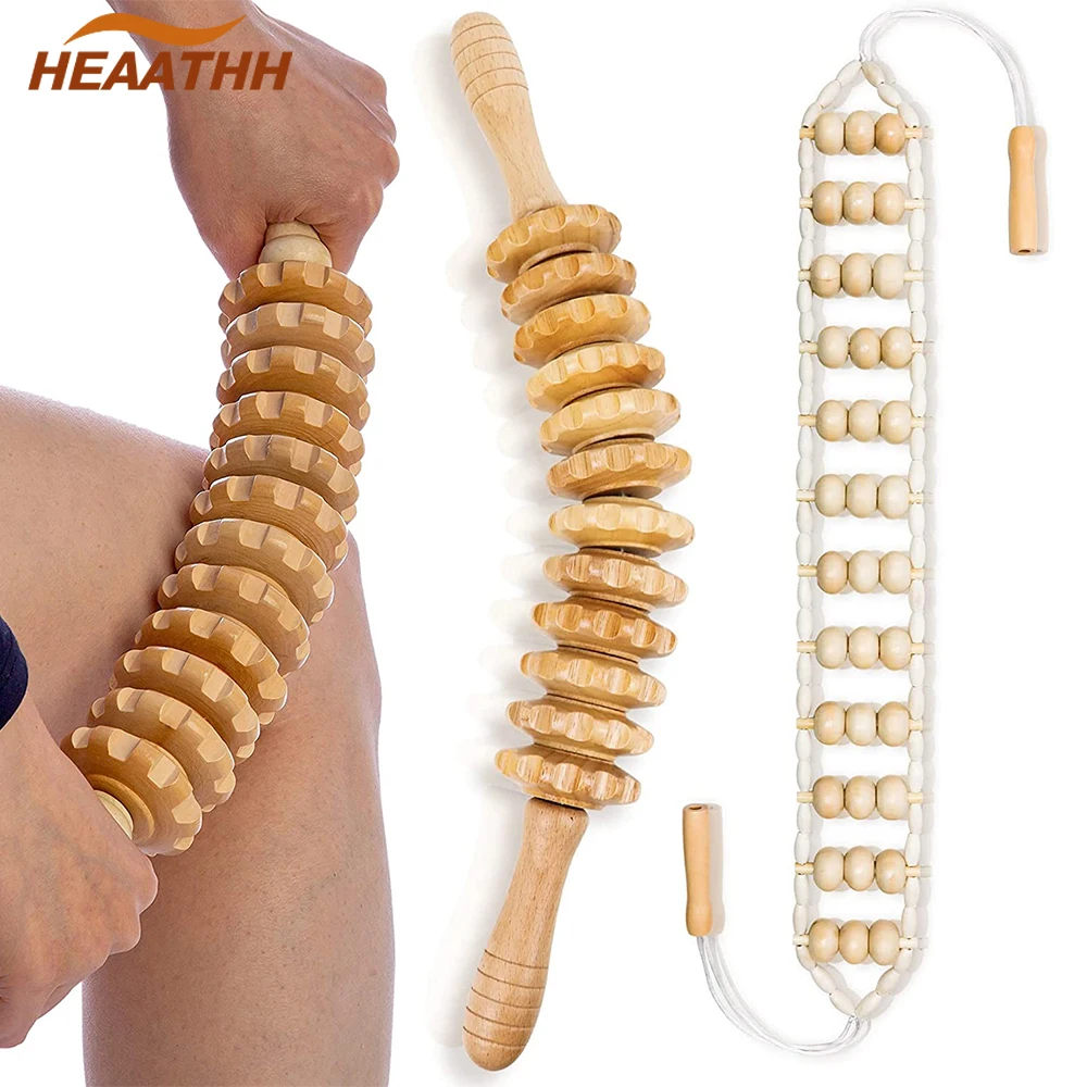 Wooden Massage Roller Stick & Roller Rope Wood Therapy Massager for Body Shaping, Sculpting, Anti-Cellulite, Muscle Pain Relief