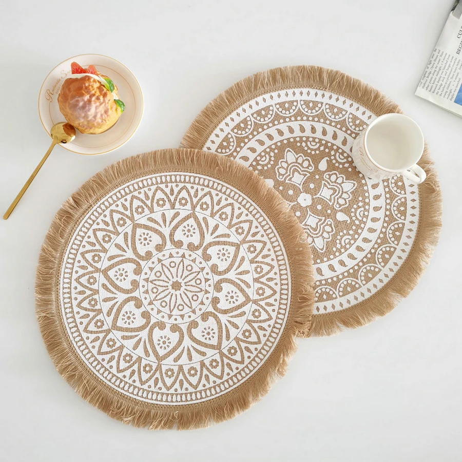 

6PCS/Set Round Embroidery Jute Placemat Nordic Style Kitchen Non-Slip Placemat Heat Insulation Coffee Cup Mats Photography Prop