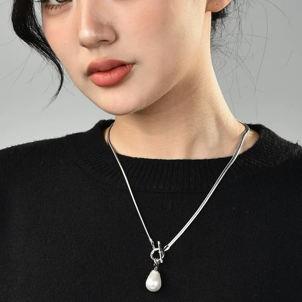 2025 Water drop pearl long necklace for women, light luxury, stackable, universal buckle, snake bone chain, collarbone chain