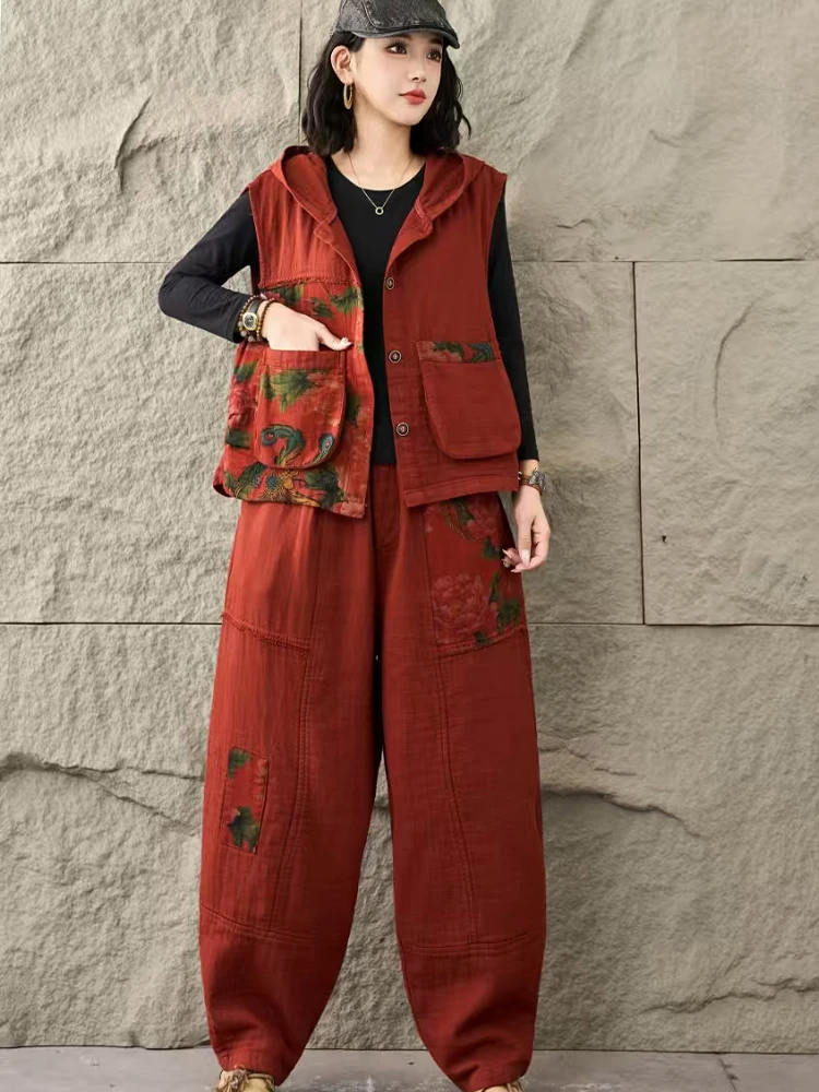 Amax lulue feminino com capuz denim 2 peças define moda colete ternos punk sem mangas casacos calças soltas jeans clássicos roupas impressas